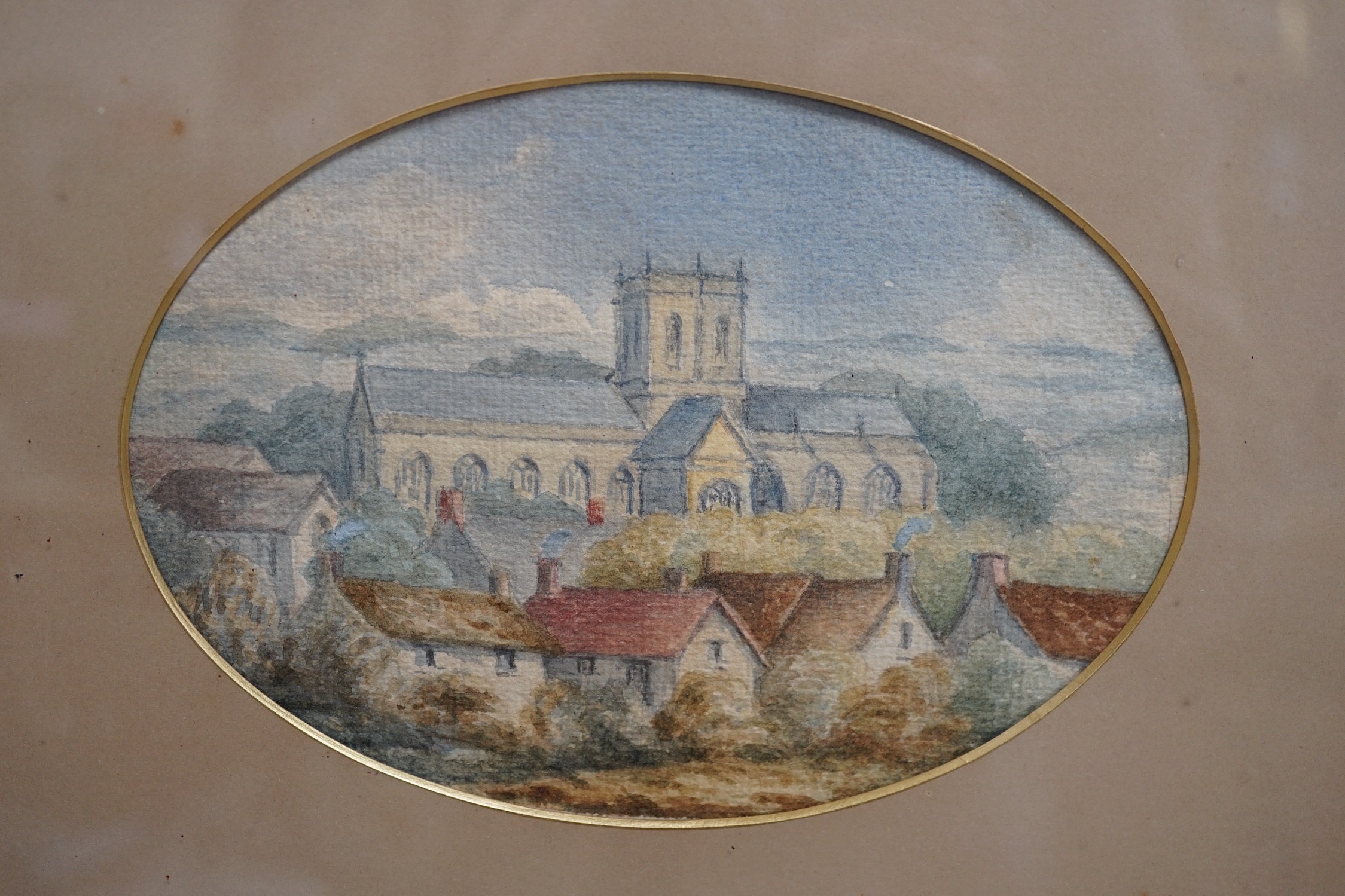 19th century English School, nine watercolours, Views of a country church and surrounding topography, largest 13 x 18cm, framed as one